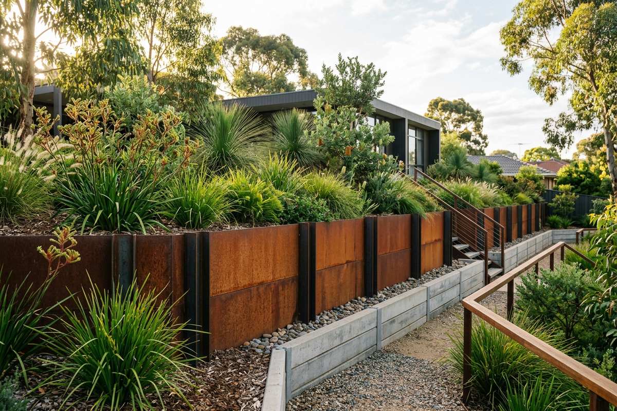 Corten steel retaining wall with concrete sleepers — durable landscaping solution for Melbourne gardens