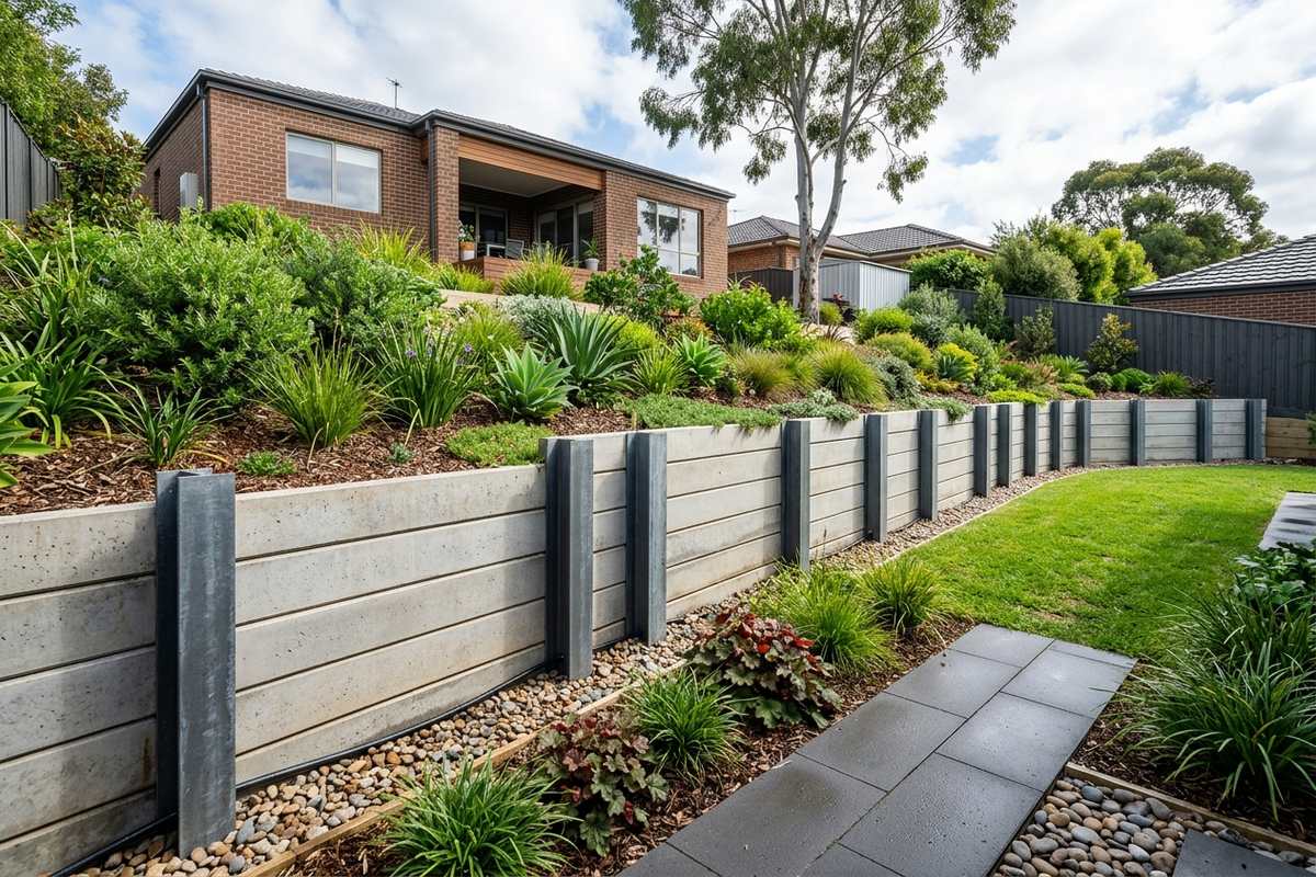 Galvanised steel retaining wall posts with concrete sleepers Melbourne residential project