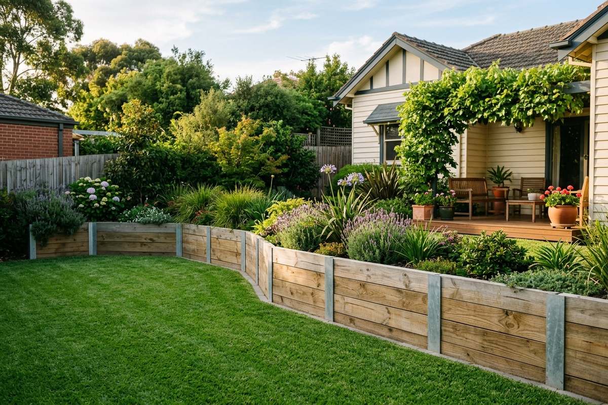 UB150 steel beam posts supporting timber sleeper retaining wall Melbourne garden
