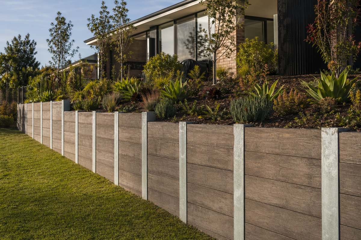 Concrete sleepers Melbourne retaining wall with galvanised steel posts in landscaped garden