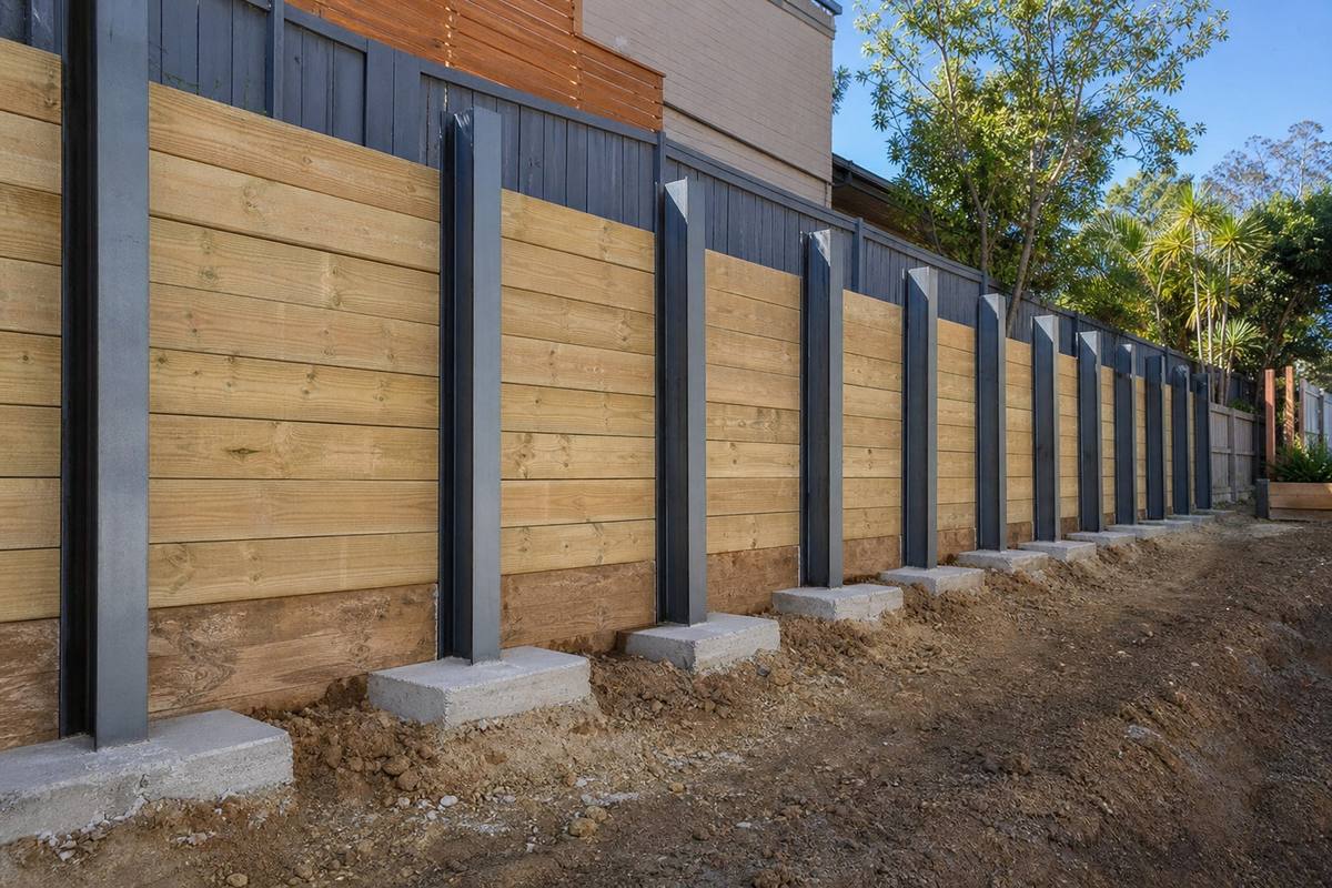Steel post retaining wall specifications - H-beam posts with concrete footings Melbourne