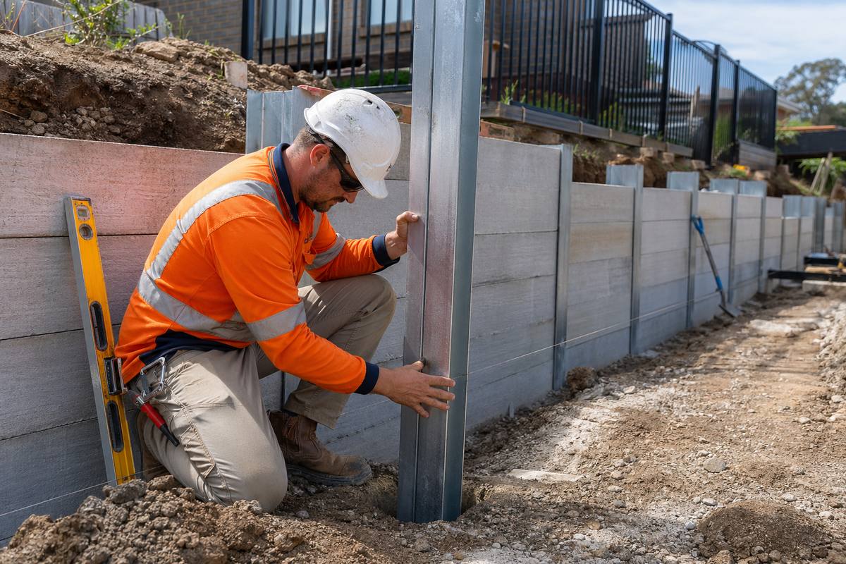 Steel retaining wall posts installation - UC section being positioned for sleeper wall