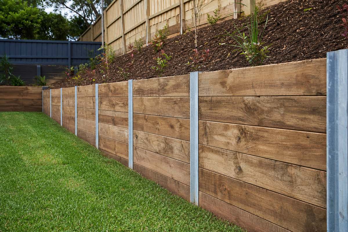 Galvanised steel posts supporting a timber sleeper retaining wall in a Melbourne backyard