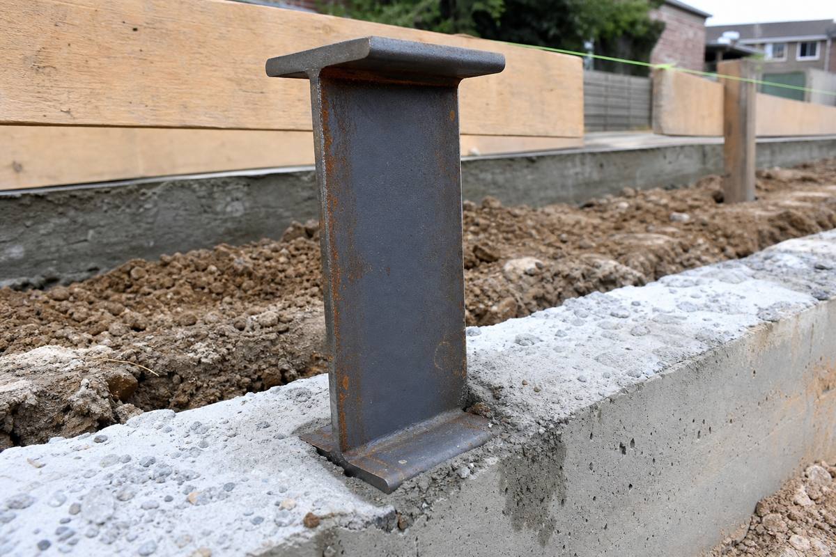 100UC15 galvanised steel H-post set in concrete footing for a garden retaining wall