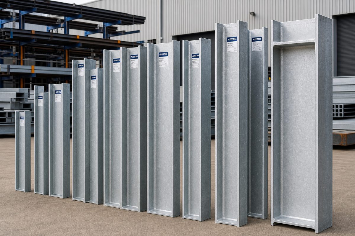 Range of galvanised H channel steel posts in various sizes at RW Steel Victoria yard