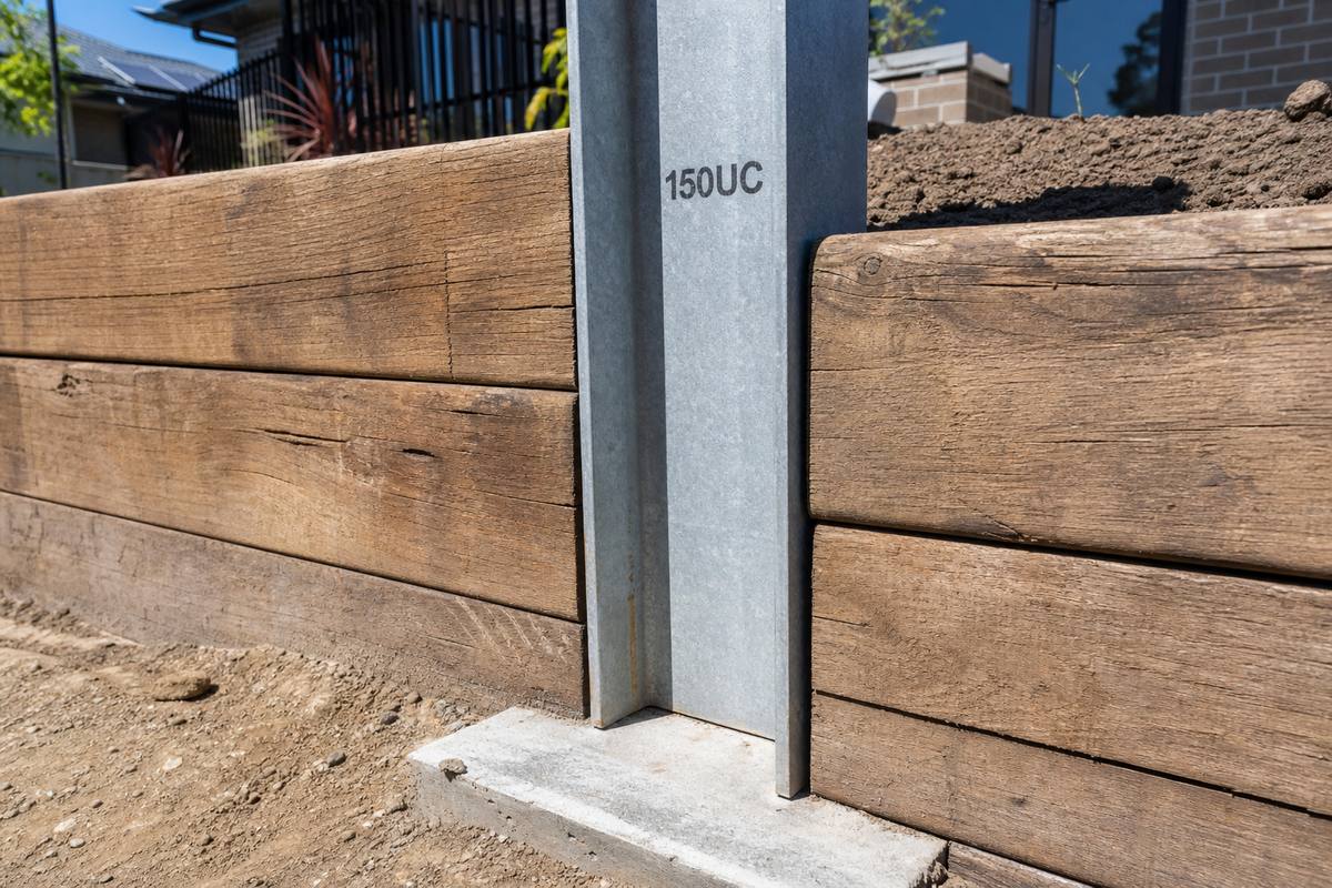 150UC steel post installed in retaining wall with timber sleepers Melbourne