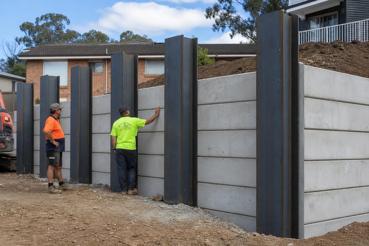 250UC steel posts in heavy-duty retaining wall with concrete sleepers Victoria
