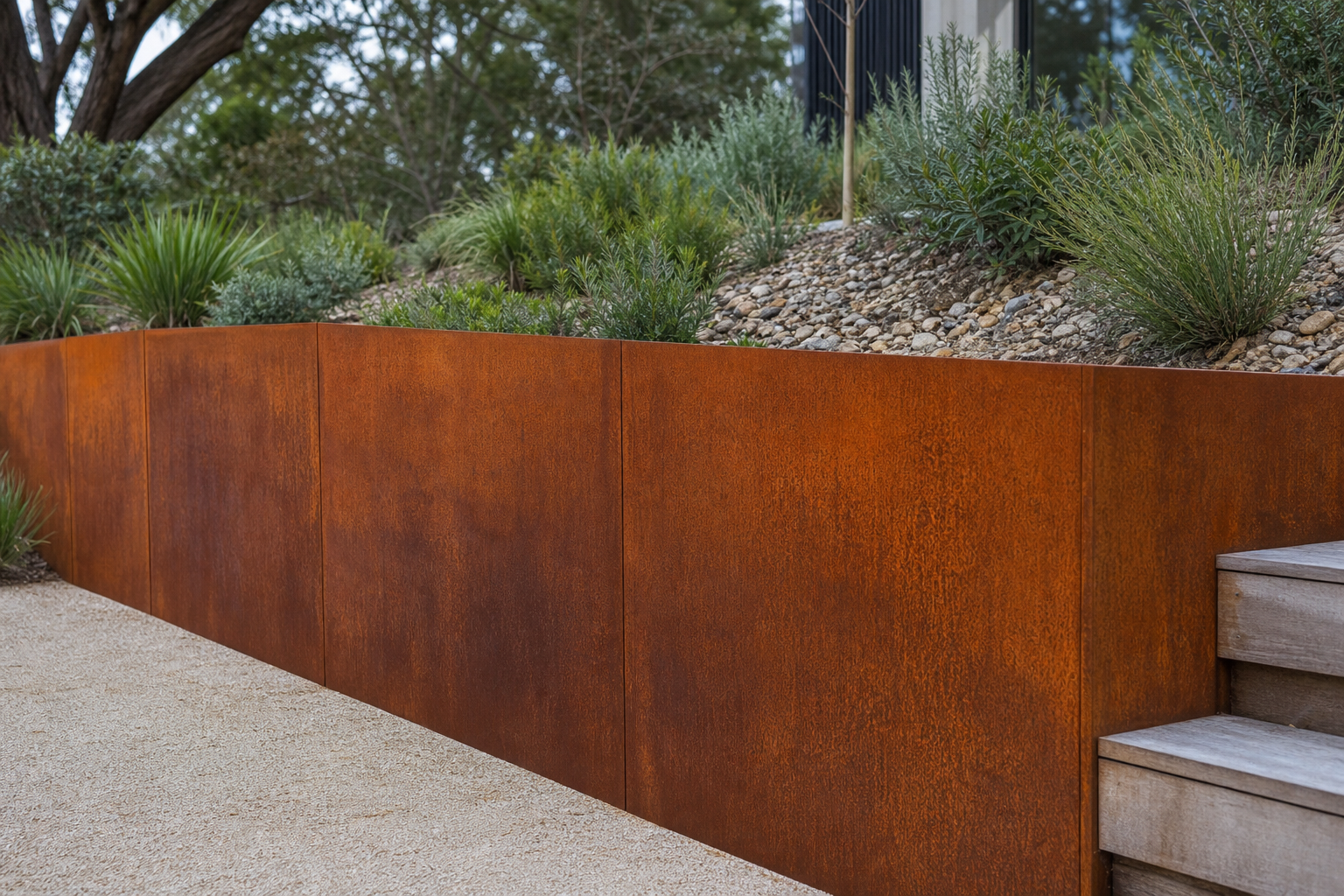 Corten weathering steel retaining wall with rust-orange patina in a modern Australian garden