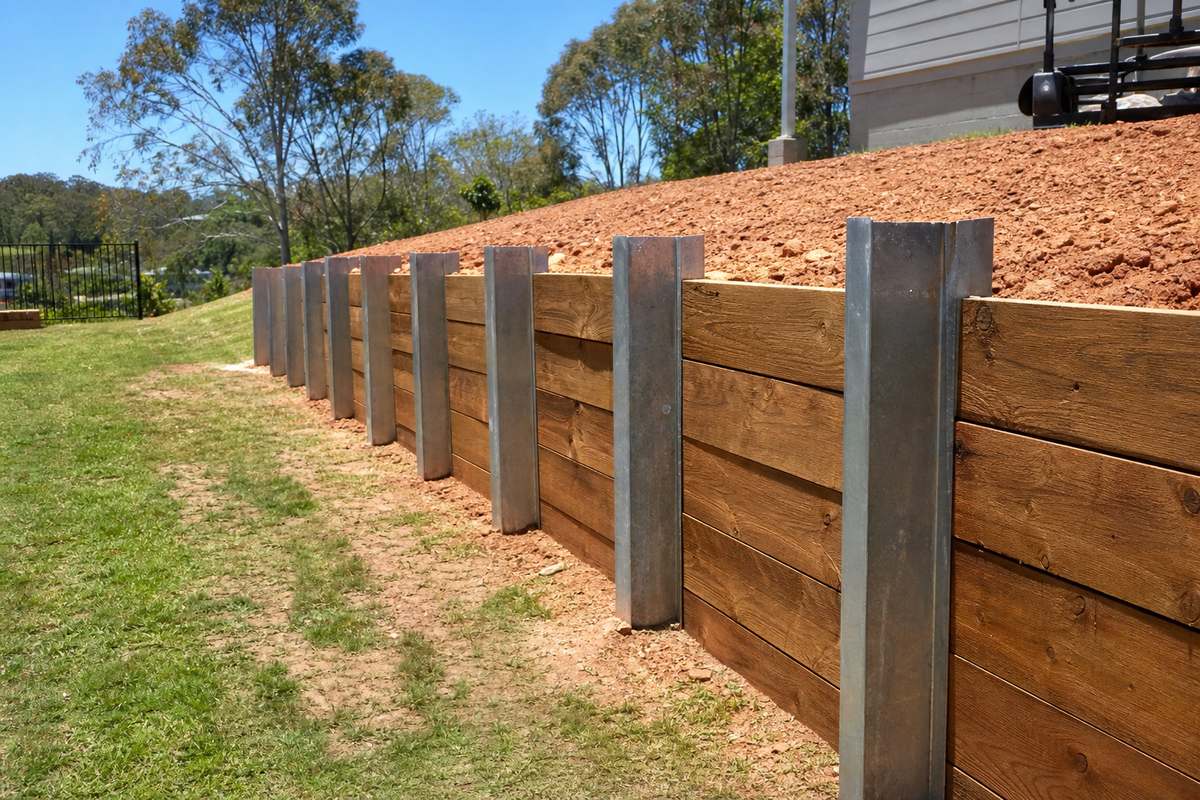Galvanised steel retaining wall posts supporting timber sleepers in Melbourne backyard