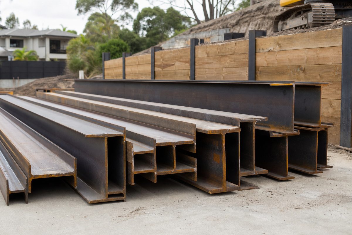 Steel H beams for retaining walls showing different section sizes and profiles