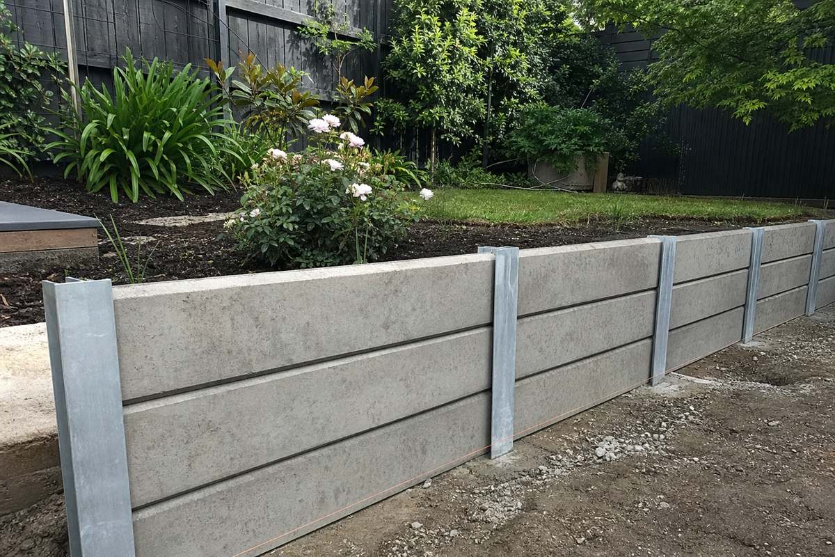 Slim galvanised 200UB18 steel posts with concrete sleepers on a low residential retaining wall