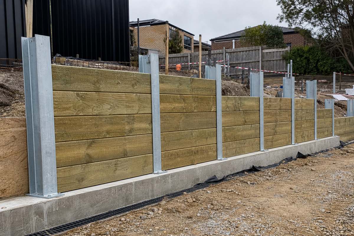 Galvanised 200UC steel H-section retaining wall posts with concrete sleepers on a Melbourne site