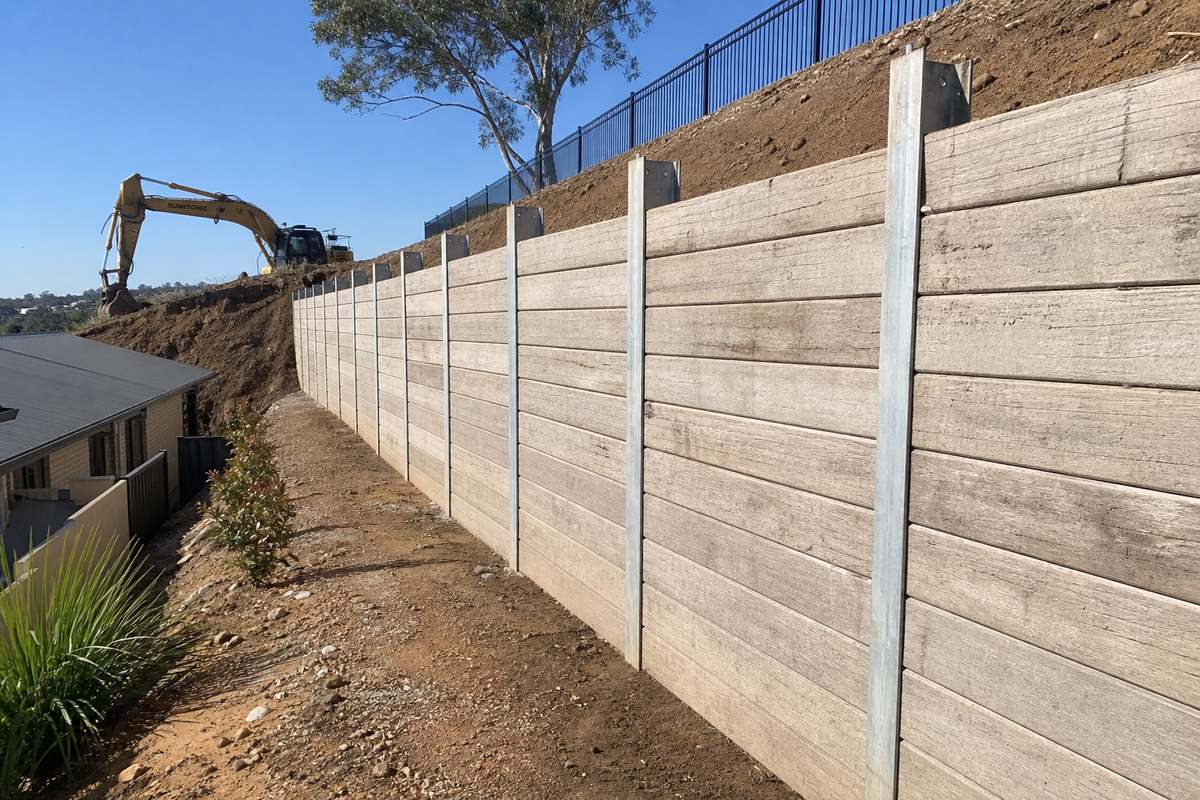 Tall concrete sleeper retaining wall supported by galvanised 250UB25 steel posts on a sloping block