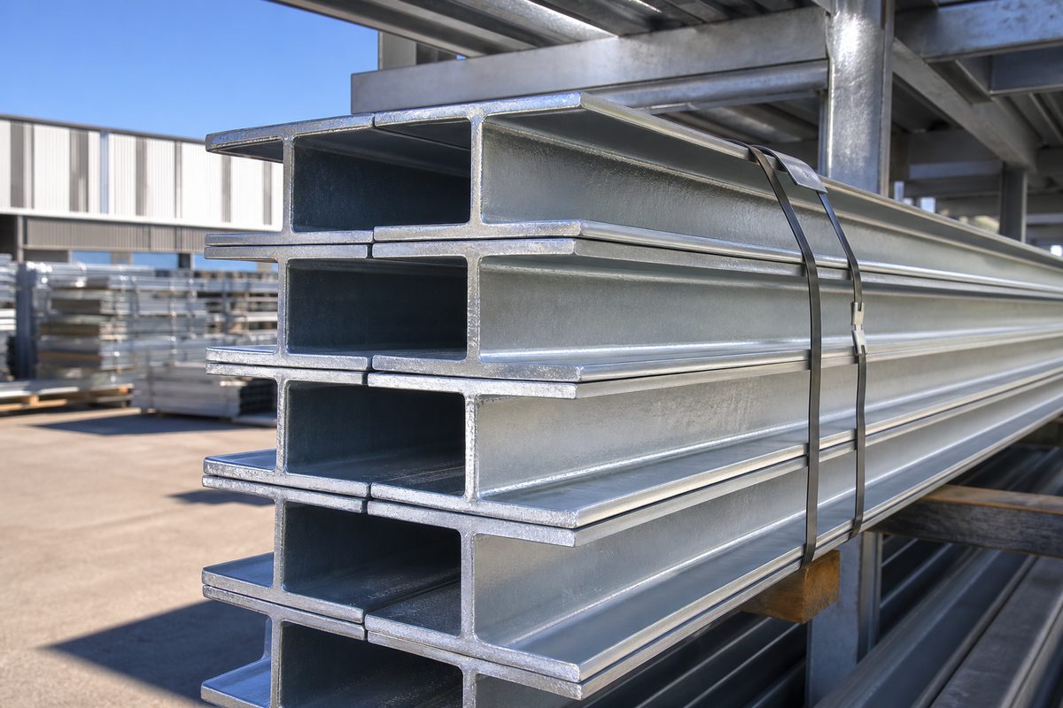 Stacked galvanised H section steel retaining wall posts showing flanges and web in a steel yard