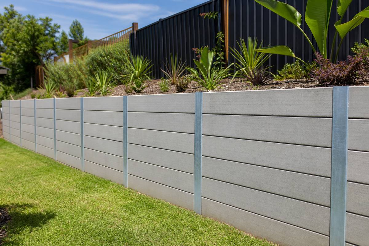 Hot-dip galvanized steel H-section retaining wall posts stacked on a Melbourne building site
