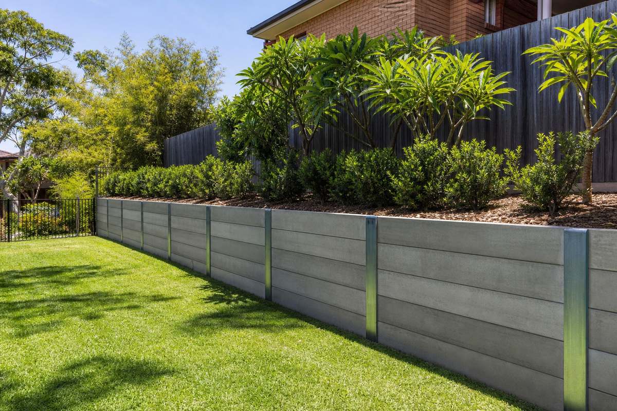 Sleeper retaining wall built with galvanised steel universal column posts in a Melbourne backyard