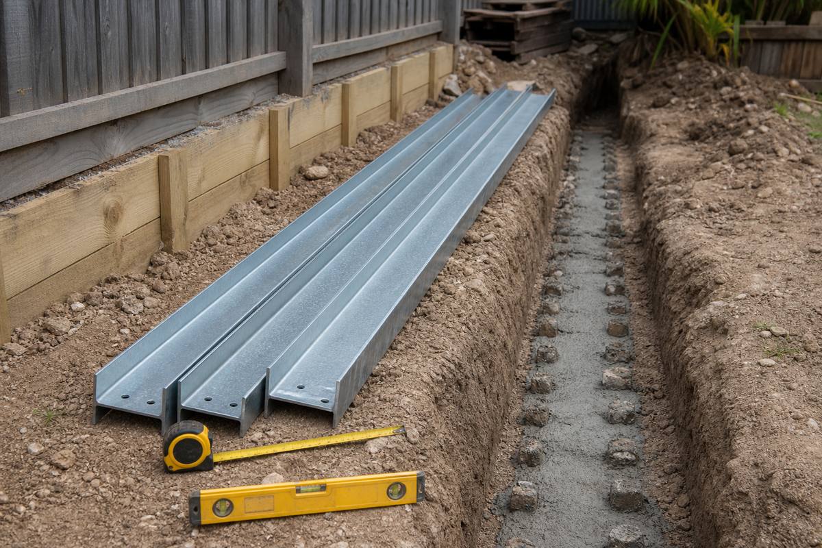 Galvanised 150UB steel retaining wall posts on site beside concrete footing trench